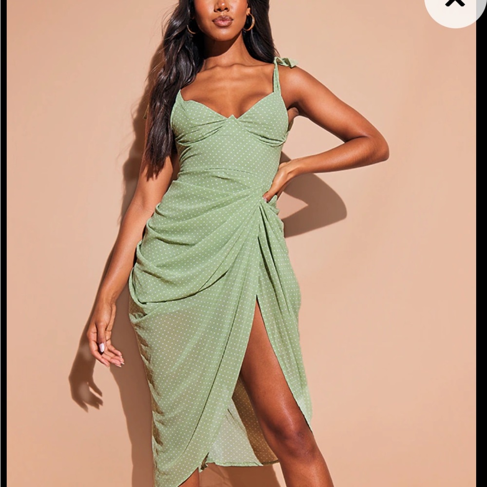 Sage Green Polka Dot Draped Underwire Detail Midi Dress PRETTYLITTLETHING